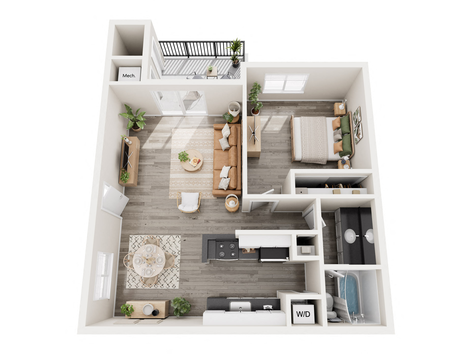 Floor plan for 1 bed, 1 bath, 701 sqft